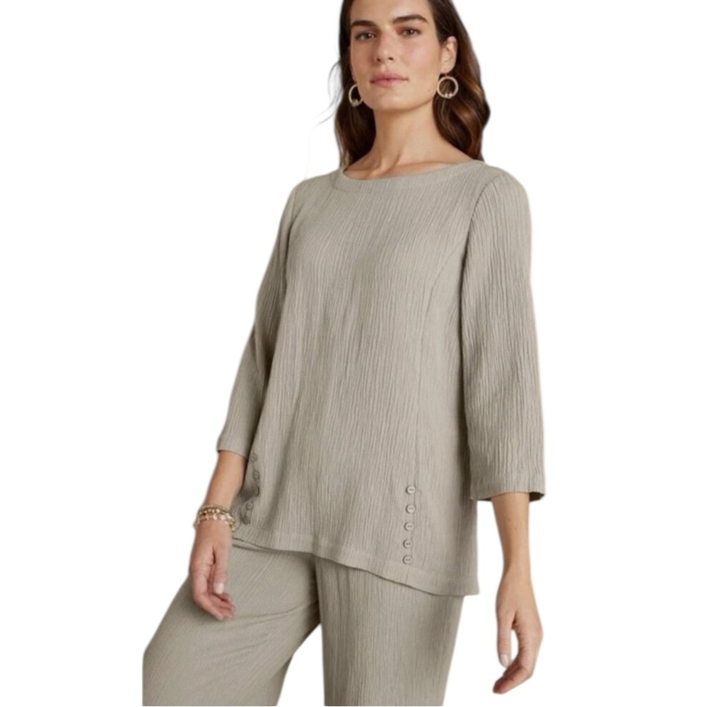 SOFT SURROUNDINGS Oceo Gauze Crinkle Boxy Fit Tunic in Taupe Size XL - Picture 2 of 10
